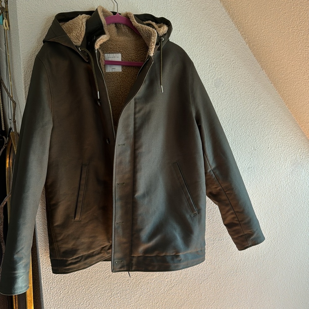 NWT Sandro Paris olive sherpa lined hooded parka with zip and buttons